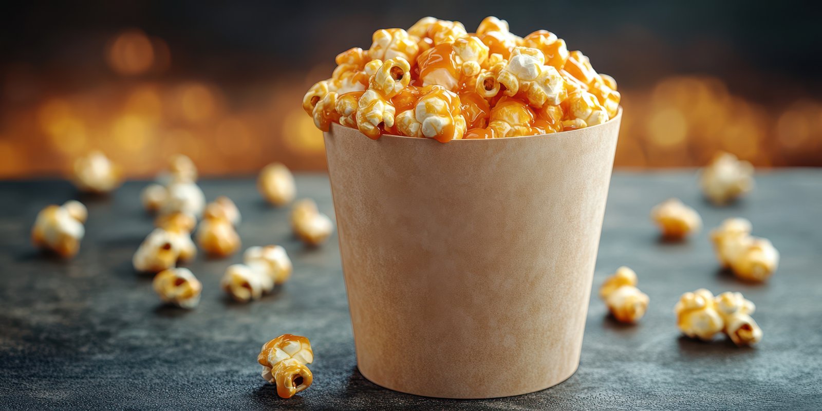 Delicious caramel popcorn served in a paper container at a cozy movie theater during a fun film night
